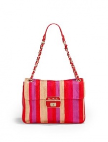 THE LOOKGolden chain and faux leather shoulder strapsRectangular silhouetteTonal striped linen/cotton bodySnakeskin-embossed PVC trimLogo slide-lock enamel flap closureCenter zip compartmentOne inside open pocketOne inside zip pocketInside logo detailTHE MEASUREMENTShoulder straps, 9 drop10½W X 7½H X 3DTHE MATERIAL55% linen/45% cottonPVC trimFully linedORIGINImported