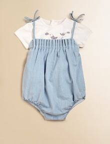 A sweet and stylish little one-piece with a pleated bodice and shoulder ties.SquareneckSleeveless with shoulder tiesBack zipperPleated bodice98% cotton/2% elastaneMachine washImported A sweet and stylish little one-piece with a pleated bodice and shoulder ties.SquareneckSleeveless with shoulder tiesBack zipperPleated bodice98% cotton/2% elastaneMachine washImported