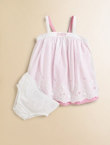 The sweetest, warm-weather ready, layered-look frock for baby with embroidered logo and eyelet detail in a classic babydoll silhouette with matching bloomers.SquareneckAdjustable back-button strapsBack elasticEmpire waistCottonMachine washImported The sweetest, warm-weather ready, layered-look frock for baby with embroidered logo and eyelet detail in a classic babydoll silhouette with matching bloomers.SquareneckAdjustable back-button strapsBack elasticEmpire waistCottonMachine washImported