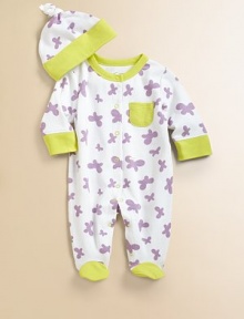 Colorful butterflies adorn this cute and cozy one-piece with contrasting trim and matching hat.CrewneckLong sleevesFront snapsFront patch pocketBottom snaps along inner legsCottonMachine washImported Please note: Number of snaps may vary depending on size ordered. 