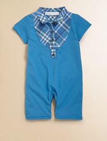 Soft jersey, smartly trimmed with a bib and collar of woven checks.Woven check spread collarShort sleevesWoven check bib with button placketSnap legsCottonMachine washImported Please note: Number of buttons and snaps may vary depending on size ordered. 
