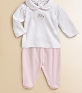 Crafted in lush pima cotton, a newborn's essential collared top and footed pants set features birdie embroidery and contrast stitching. Top Peter Pan collarLong sleevesBack snaps Pants Elastic waistbandPima cottonMachine washImported Please note: Number of snaps may vary depending on size ordered. 