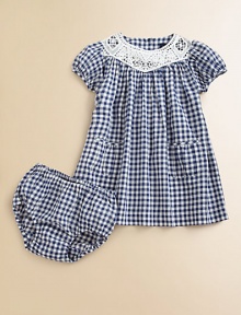 An intricate lace collar lends a hint of vintage-inspired style to an airy cotton dress in a preppy gingham print.Lace crewneckShort puffed sleevesBack button placketPleated patch pocketsSingle back ventCottonMachine washImported Please note: Number of buttons may vary depending on size ordered. An intricate lace collar lends a hint of vintage-inspired style to an airy cotton dress in a preppy gingham print.Lace crewneckShort puffed sleevesBack button placketPleated patch pocketsSingle back ventCottonMachine washImported Please note: Number of buttons may vary depending on size ordered.