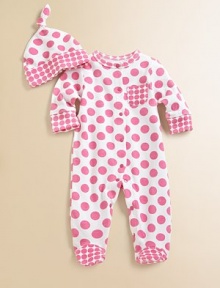 Charming polka dots and a cute patch pocket adorn this snuggly little one-piece with matching hat.CrewneckLong sleevesFront snapsFront patch pocketBottom snaps along inner legsCottonMachine washImported Please note: Number of snaps may vary depending on size ordered. Charming polka dots and a cute patch pocket adorn this snuggly little one-piece with matching hat.CrewneckLong sleevesFront snapsFront patch pocketBottom snaps along inner legsCottonMachine washImported Please note: Number of snaps may vary depending on size ordered.