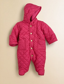 Baby keeps warm from head to toe in a cozy hooded bunting, rendered in sleek diamond-quilted microfiber and lined in soft-to-the-touch winter fleece.Attached hoodLong sleevesFull-snap frontFront patch pocketsCorduroy trimConcealed bottom snapsFully linedPolyesterMachine washImported Please note: Number of snaps/buttons may vary depending on size ordered. 