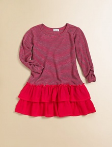 The perfect day dress with a comfy ribbed top, ruched sleeves and darling ruffle skirt.CrewneckLong sleeves with ruchingPull-on styleTwo-tiered ruffle hem50% polyester/25% pima cotton/25% modalMachine washImported