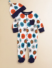 Crafted in plush cotton with large, colorful polka dots filled with airplanes and helicopters, your little jet-setter will be styling in this cute one-piece with matching hat.CrewneckLong sleevesSnap-frontPatch pocketBottom snapsCottonMachine washImported Please note: Number of buttons/snaps may vary depending on size ordered. Crafted in plush cotton with large, colorful polka dots filled with airplanes and helicopters, your little jet-setter will be styling in this cute one-piece with matching hat.CrewneckLong sleevesSnap-frontPatch pocketBottom snapsCottonMachine washImported Please note: Number of buttons/snaps may vary depending on size ordered.