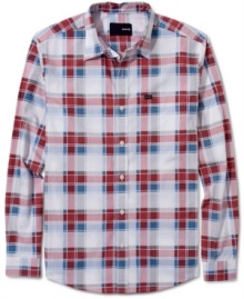 Add a pop of plaid to your wardrobe with this handsome button down by Hurley. Add a pop of plaid to your wardrobe with this handsome button down by Hurley.