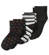 In solids, stripes and dots, HUE body socks feature a slightly higher rise than traditional ankle socks.