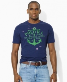A signature anchor graphic creates a bold nautical-inspired look on a classic-fitting T-shirt in smooth cotton jersey. A signature anchor graphic creates a bold nautical-inspired look on a classic-fitting T-shirt in smooth cotton jersey.
