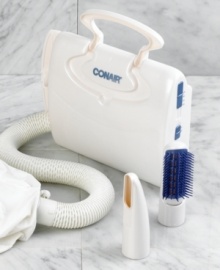 Don't damage your hair with ordinary hair dryers, try the superior Conair soft bonnet dryer! Features concentrator nozzle for precision styling and extra large bonnet that fits jumbo rollers. Vent brush for curling power. Includes extra-long 4' hose and purse-shaped case. Limited two year warranty. Model SB1. Don't damage your hair with ordinary hair dryers, try the superior Conair soft bonnet dryer! Features concentrator nozzle for precision styling and extra large bonnet that fits jumbo rollers. Vent brush for curling power. Includes extra-long 4' hose and purse-shaped case. Limited two year warranty. Model SB1.