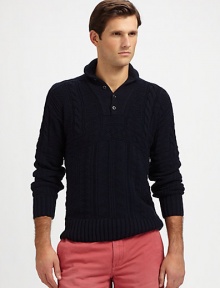 A hearty construction of textural knits lends laid-back elegance to a handsome pullover sweater, crafted from luxurious Pima cotton with a ribbed collar and Henley placket for a modern, military-inspired look.Three-button placketStand collarRibbed collar, cuffs and hemCottonHandwashImported A hearty construction of textural knits lends laid-back elegance to a handsome pullover sweater, crafted from luxurious Pima cotton with a ribbed collar and Henley placket for a modern, military-inspired look.Three-button placketStand collarRibbed collar, cuffs and hemCottonHandwashImported