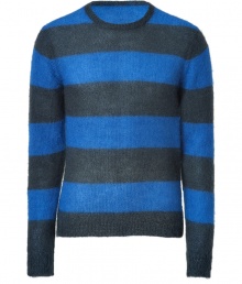 Collegiate stripes get a kick of downtown cool in Marc by Marc Jacobs blue mohair blend pullover - Rounded neckline, long sleeves, ribbed trim, fitted - Pair with jeans, chinos or cords Collegiate stripes get a kick of downtown cool in Marc by Marc Jacobs blue mohair blend pullover - Rounded neckline, long sleeves, ribbed trim, fitted - Pair with jeans, chinos or cords