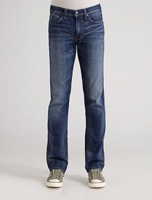 Essential casual comfort in gently distressed, slightly worn-in denim with a slim fit. Five-pocket style Zip fly Inseam, about 33 98% cotton/2% elastene; machine wash Imported Essential casual comfort in gently distressed, slightly worn-in denim with a slim fit. Five-pocket style Zip fly Inseam, about 33 98% cotton/2% elastene; machine wash Imported