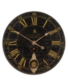 As fashionable as Bond Street in old London, this wall clock by Uttermost is a study in refined sophistication. Crackled black clock face with antique gold lettering and brass accents make this masculine clock an ideal accessory for the home office or study. As fashionable as Bond Street in old London, this wall clock by Uttermost is a study in refined sophistication. Crackled black clock face with antique gold lettering and brass accents make this masculine clock an ideal accessory for the home office or study.
