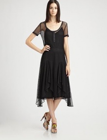 Airy mesh lace, in a fluttery, feminine silhouette offset by bands of trim at the sleeves, neckline and placket.ScoopneckShort sleevesConcealed snap placketSnaps at side seamsRuffled asymmetrical hemlineIncluded cotton blend slipAbout 32 from natural waist70% cotton/30% nylonDry cleanImported of Italian fabricModel shown is 5'11 (180cm) wearing US size 4. 