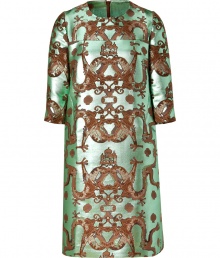 Glamorous evening looks get a shock of vintage elegance in Issas shimmering pistachio green dragon print shift dress - Rounded neckline, 3/4 sleeves, hidden back zip with slit and hook closure at nape - Straight silhouette, mini-length - Team with shimmering flats and a dusting of gold jewelry