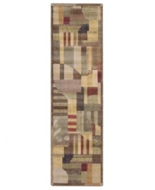 A modern design of animated beauty, this rug renders columns in an abstract collage of rectangles accented with graceful curvilinear details. A cool green palette is tinged with warm hues of brown. Woven of premium Opulon(tm) yarns to create a lavish pile with a rich, color-enhancing finish. A modern design of animated beauty, this rug renders columns in an abstract collage of rectangles accented with graceful curvilinear details. A cool green palette is tinged with warm hues of brown. Woven of premium Opulon(tm) yarns to create a lavish pile with a rich, color-enhancing finish.