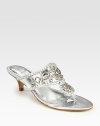 Jewel-detailed metallic leather gives this sandal an effervescent feel.Stacked heel, 2 (50mm) Plastic rhinestones Leather lining and sole Padded insole Made in USAOUR FIT MODEL RECOMMENDS ordering true size. 
