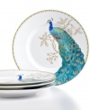 A classical icon of unique beauty is set in white porcelain upon these Peacock Garden salad plates from 222 Fifth. Colorful, charming and precious in porcelain, this design is sure to elevate the look of your table.