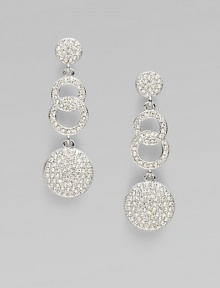 A graduated piece featuring circles and links accented with brilliant pavé crystals. CrystalsRhodium-plated brassDrop, about ¾ Post backImported A graduated piece featuring circles and links accented with brilliant pavé crystals. CrystalsRhodium-plated brassDrop, about ¾ Post backImported