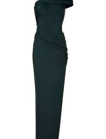 Super flattering and equally exquisite, Donna Karans modern draped evening gown guarantees a glamorous feminine finish to your contemporary evening look - Draped neckline, draped short sleeve, double layered strap detail, contoured gathered back seam, asymmetrical cut, deep side slit - Floor-length, form-fitting silhouette - Wear with shimmering fine jewelry and statement accessories Super flattering and equally exquisite, Donna Karans modern draped evening gown guarantees a glamorous feminine finish to your contemporary evening look - Draped neckline, draped short sleeve, double layered strap detail, contoured gathered back seam, asymmetrical cut, deep side slit - Floor-length, form-fitting silhouette - Wear with shimmering fine jewelry and statement accessories