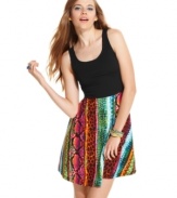 Material Girl dares you to go wild in a trend-forward skater dress that sports a super-colorful, animal-print skirt!