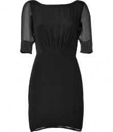 Ultra alluring with a deeply cut bead embellished back, Hoss Intropias silk sheath is a contemporary-chic choice for cool city cocktails - Rounded front neckline, sheer 3/4 sleeves, bead embellished buttoned cuffs, deeply cut bead embellished back with sheer silk overlay, mixed metallic beads, hidden back zip - Softly tailored fit - Team with flawless pumps and statement chunky jewelry Ultra alluring with a deeply cut bead embellished back, Hoss Intropias silk sheath is a contemporary-chic choice for cool city cocktails - Rounded front neckline, sheer 3/4 sleeves, bead embellished buttoned cuffs, deeply cut bead embellished back with sheer silk overlay, mixed metallic beads, hidden back zip - Softly tailored fit - Team with flawless pumps and statement chunky jewelry