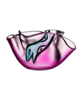 A friendly face slithers in between the folds of magenta-colored glass in this handcrafted Happy Going bowl, a fun surprise for modern interiors. Designed by Ulrica Hydman-Vallien for Kosta Boda.
