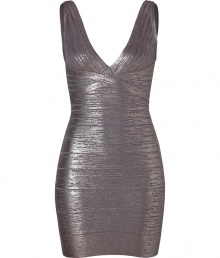 Make a striking statement at your next evening event in this glamorous metallic Bandage dress from Herv? L?ger - V-neckline, thick straps, d?colletage-enhancing at bust, bandage style with figure-hugging multi-panels, concealed back zip closure - Extra form-fitting - Style with metallic platform pumps and a jet black clutch Make a striking statement at your next evening event in this glamorous metallic Bandage dress from Herv? L?ger - V-neckline, thick straps, d?colletage-enhancing at bust, bandage style with figure-hugging multi-panels, concealed back zip closure - Extra form-fitting - Style with metallic platform pumps and a jet black clutch