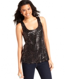 Slip into a bold top for a great way to fancify your day (or night) ensemble! This tank from 6 Degrees boasts a scalloped design of beads and sequins for a particularly festive look. Slip into a bold top for a great way to fancify your day (or night) ensemble! This tank from 6 Degrees boasts a scalloped design of beads and sequins for a particularly festive look.