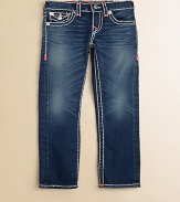 Thick, contrast stitching with neon bartacks, silvertone hardware and signature pockets define this comfy, slim-fitting pair.Front button closureAdjustable waistband with belt loopsZip flyFive-pocket styleCotton/SpandexMachine washImported of domestic fabric