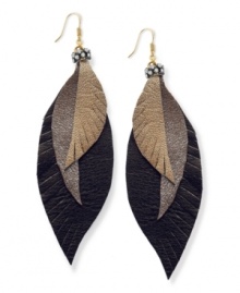 Leather feathers with a metallic twist. Ali Khan's gold tone mixed metal earrings feature leather feathers with glass stone detailing. Approximate drop: 4-1/4 inches.