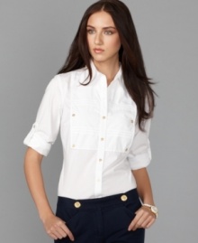 Inspired by military styling, this crisp shirt from Tommy Hilfiger features a square button-down bib at the chest. Try it with a fitted blazer and skinny jeans! (Clearance)