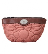 Fossil's wedge cosmetic case is embroidered with a lovely floral pattern in rich color combos.