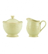 With fanciful beading and a feminine edge, this Lenox French Perle sugar and creamer set has an irresistibly old-fashioned sensibility. Hardwearing stoneware is dishwasher safe and, in a soft pistachio hue with antiqued trim, a graceful addition to any meal. Qualifies for Rebate