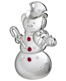 A snowman built to last, this Waterford ornament lacks a carrot nose and eyes of coal but shines even brighter in beautiful silver plate with sparkling red buttons. A snowman built to last, this Waterford ornament lacks a carrot nose and eyes of coal but shines even brighter in beautiful silver plate with sparkling red buttons.