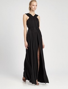 Fluid, artfully ruched silk, in a sexy, floor-length silhouette.V necklineSleevelessRuched bodiceBanded waistFront slitV back with concealed zipAbout 47 from natural waistSilkDry cleanImportedModel shown is 5'10 (177cm) wearing US size 4. Fluid, artfully ruched silk, in a sexy, floor-length silhouette.V necklineSleevelessRuched bodiceBanded waistFront slitV back with concealed zipAbout 47 from natural waistSilkDry cleanImportedModel shown is 5'10 (177cm) wearing US size 4.