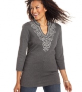 Add a worldly touch to your everyday look with Karen Scott's embroidered tunic. The longer length makes it so flattering, too!