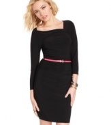 A bright skinny belt adds pop to a little black dress that boasts elements of chic design! From Tempted.