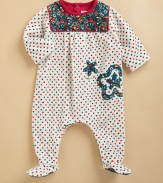 Crafted in plush velvet, this striking one-piece is adorned with vivid polka dots and embroidery for a stylish baby.CrewneckLong sleevesBack snapsBottom snaps75% cotton/25% polyesterMachine wash or dry cleanMade in France of imported fabric Please note: Number of snaps may vary depending on size ordered. 