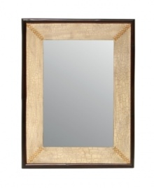 With a white crackle finish, stitched detail and pole rattan trim, this Palecek wall mirror has an eclectic style that's undeniably chic. With a white crackle finish, stitched detail and pole rattan trim, this Palecek wall mirror has an eclectic style that's undeniably chic.