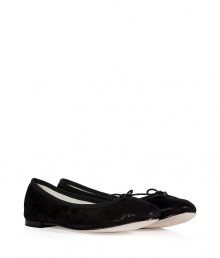 The classic ballet flat gets a glam redux with this ultra-chic suede version from Repetto - Classic ballet flat styling, front bow detail, leather sole, low heel, black suede with a glossy finish - Pair with a full skirt and a tie-front top or a frilly mini dress The classic ballet flat gets a glam redux with this ultra-chic suede version from Repetto - Classic ballet flat styling, front bow detail, leather sole, low heel, black suede with a glossy finish - Pair with a full skirt and a tie-front top or a frilly mini dress