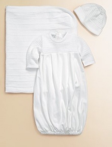 Wrap your baby in this ultra soft gown made of fine cotton.CrewneckCrocheted bodiceLong sleevesEmpire waist with soft pleatsBack button closureElastic banded hemCottonMachine washImported Wrap your baby in this ultra soft gown made of fine cotton.CrewneckCrocheted bodiceLong sleevesEmpire waist with soft pleatsBack button closureElastic banded hemCottonMachine washImported