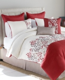 Boasting luxe embroidery and pleated details, the Ava comforter set offers distinct texture and a vine and leaf design that dances upon a pristine white ground. A rich red hue adds lovely color to the set while shams, bedskirt and decorative pillows finish this look of autumnal beauty. Boasting luxe embroidery and pleated details, the Ava comforter set offers distinct texture and a vine and leaf design that dances upon a pristine white ground. A rich red hue adds lovely color to the set while shams, bedskirt and decorative pillows finish this look of autumnal beauty.