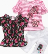 Pluck a sweet style that will never fade with this ruffle top, t-shirt and pants set from Nannette.