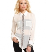 Sheer button-down deluxe! Eyeshadow's rendition of this year's hottest top features a strip of metallic sequins for a shot of downtown attitude.