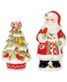 Accented with Winterberry plaid, these figural salt and pepper shakers fit right into the Fitz and Floyd serveware collection, but with so much magical detail, are a festive sight all on their own. Accented with Winterberry plaid, these figural salt and pepper shakers fit right into the Fitz and Floyd serveware collection, but with so much magical detail, are a festive sight all on their own.