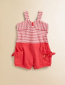 Nautical-inspired stripes adorn the bodice of this vivid, ultra-stylish one-piece in a plush cotton-blend with side ties and bottom snaps for easy on and off.Sweetheart necklineWide strapsWide strapsElastic waistSide patch pocketsBottom snaps94% cotton/6% spandexMachine washImported Nautical-inspired stripes adorn the bodice of this vivid, ultra-stylish one-piece in a plush cotton-blend with side ties and bottom snaps for easy on and off.Sweetheart necklineWide strapsWide strapsElastic waistSide patch pocketsBottom snaps94% cotton/6% spandexMachine washImported
