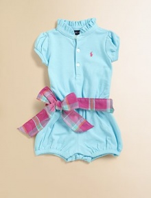 This classic knit romper is cutely adorned with a ruffle neckline and floral-print ribbon sash at the waist.Ruffled stand collarShort puffed sleevesFront button placketElastic waistband with belt loopsHidden bottom snap closureCottonMachine washImported Please note: Number of buttons and snaps may vary depending on size ordered. This classic knit romper is cutely adorned with a ruffle neckline and floral-print ribbon sash at the waist.Ruffled stand collarShort puffed sleevesFront button placketElastic waistband with belt loopsHidden bottom snap closureCottonMachine washImported Please note: Number of buttons and snaps may vary depending on size ordered.